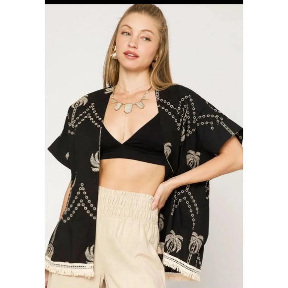 Umgee Tops - Umgee Embroidered Kimono with Cream Palm Motifs